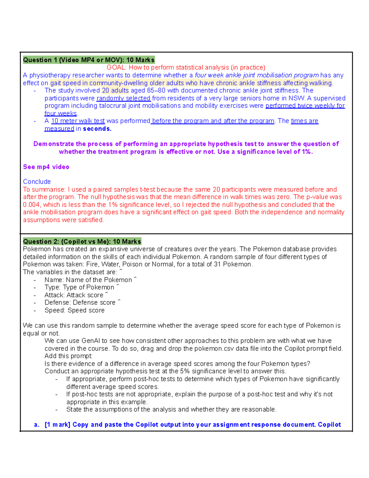 Stat1070 Assignment: Statistical Analysis of Physiotherapy & Pokemon ...