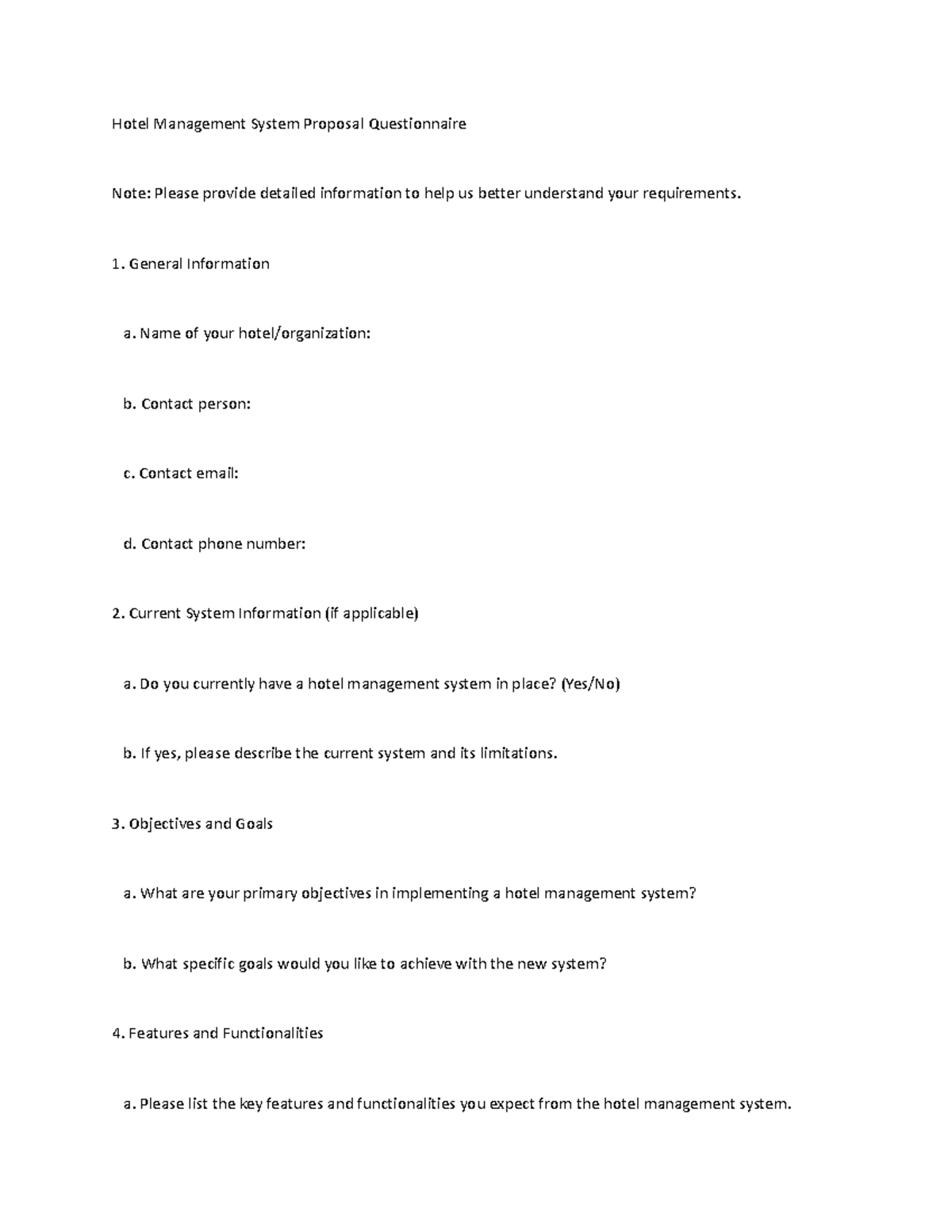 Hotel Management System Proposal Questionnaire - General Information a ...