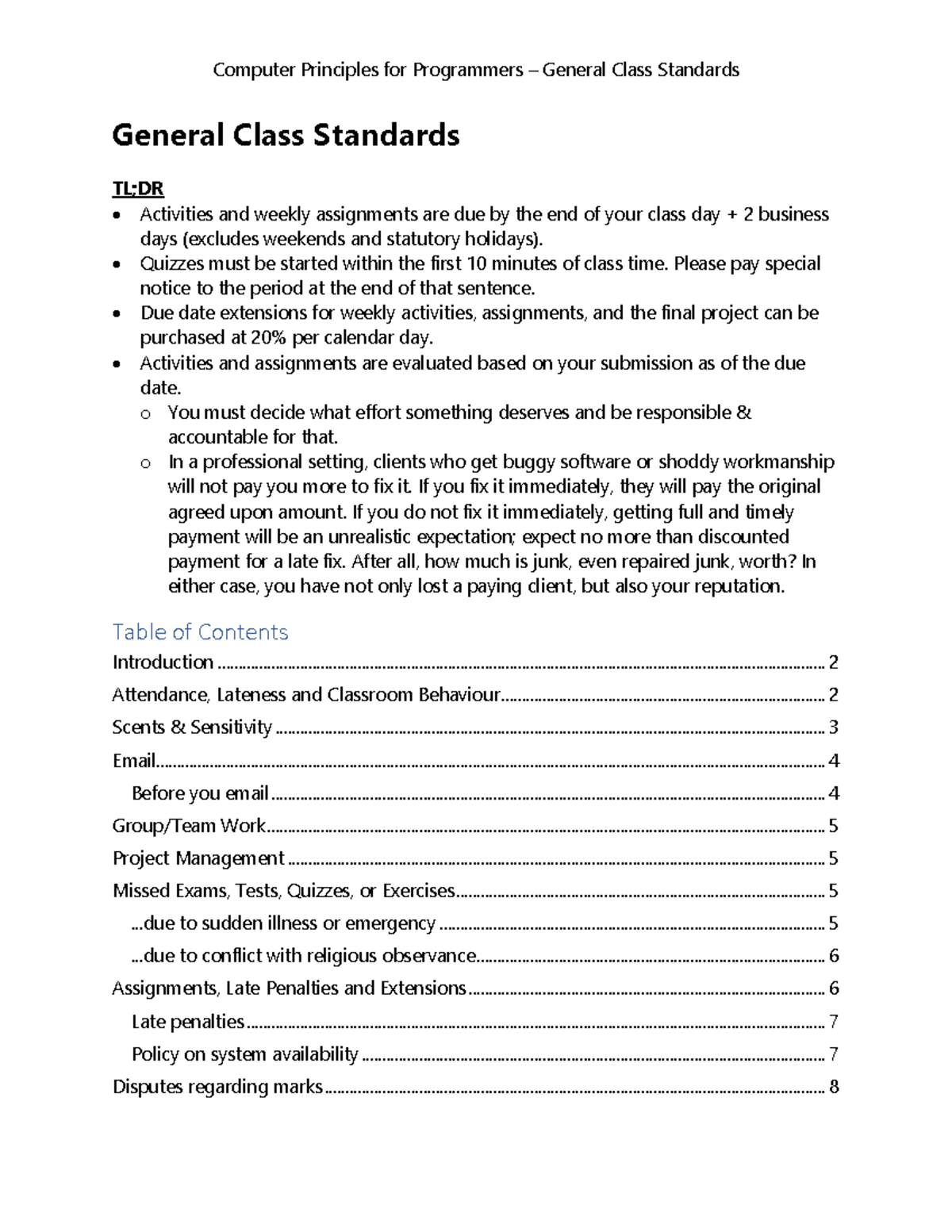 Class Standards for concepts of programming - General Class Standards ...