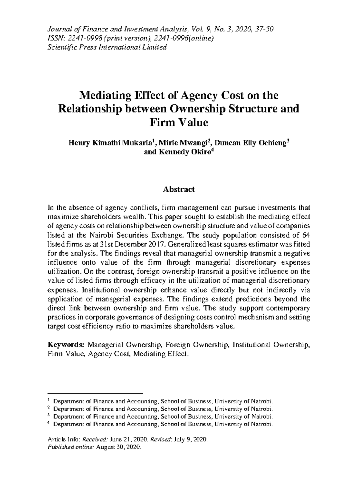 Mediating Effect of Agency Cost on Ownership Structure & Firm Value ...