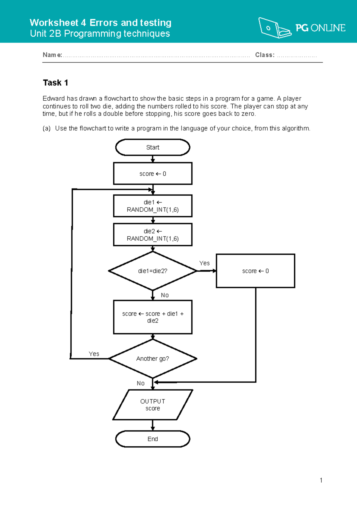 Unit 2B Programming Techniques Worksheet 4: Flowcharts and Error ...