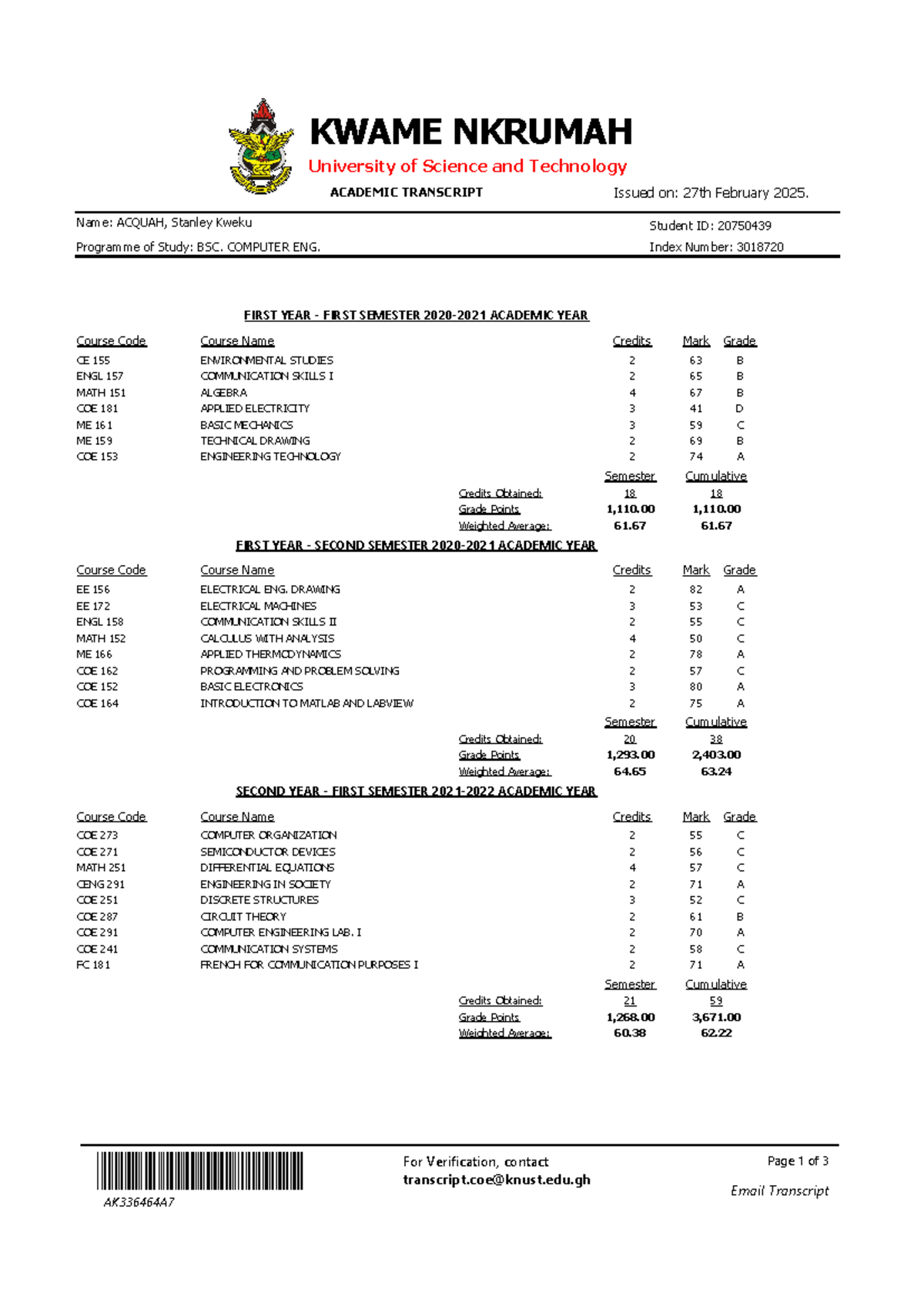 BSC. COMPUTER ENG. Academic Transcript of Stanley Kweku Acquah - Studocu