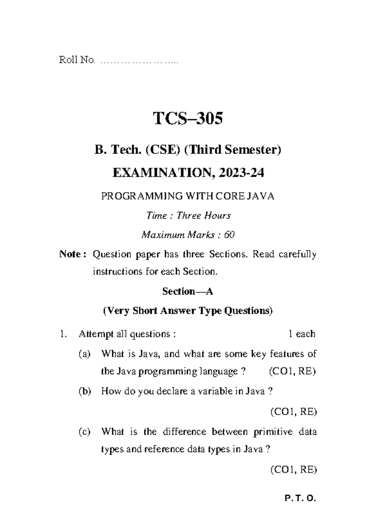 Programming with Core Java - B. Tech. (CSE) 3rd Sem Exam Guide - Studocu