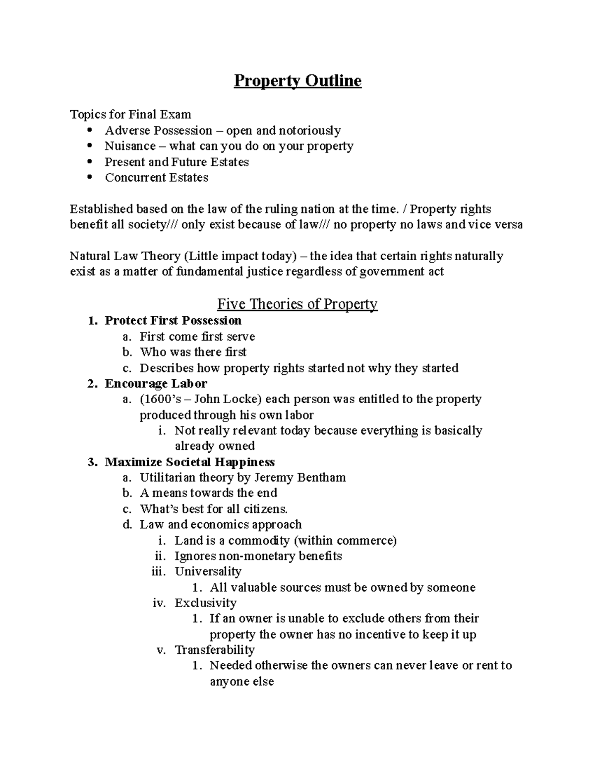 Property Law Final Exam Outline - Key Concepts & Theories - Studocu