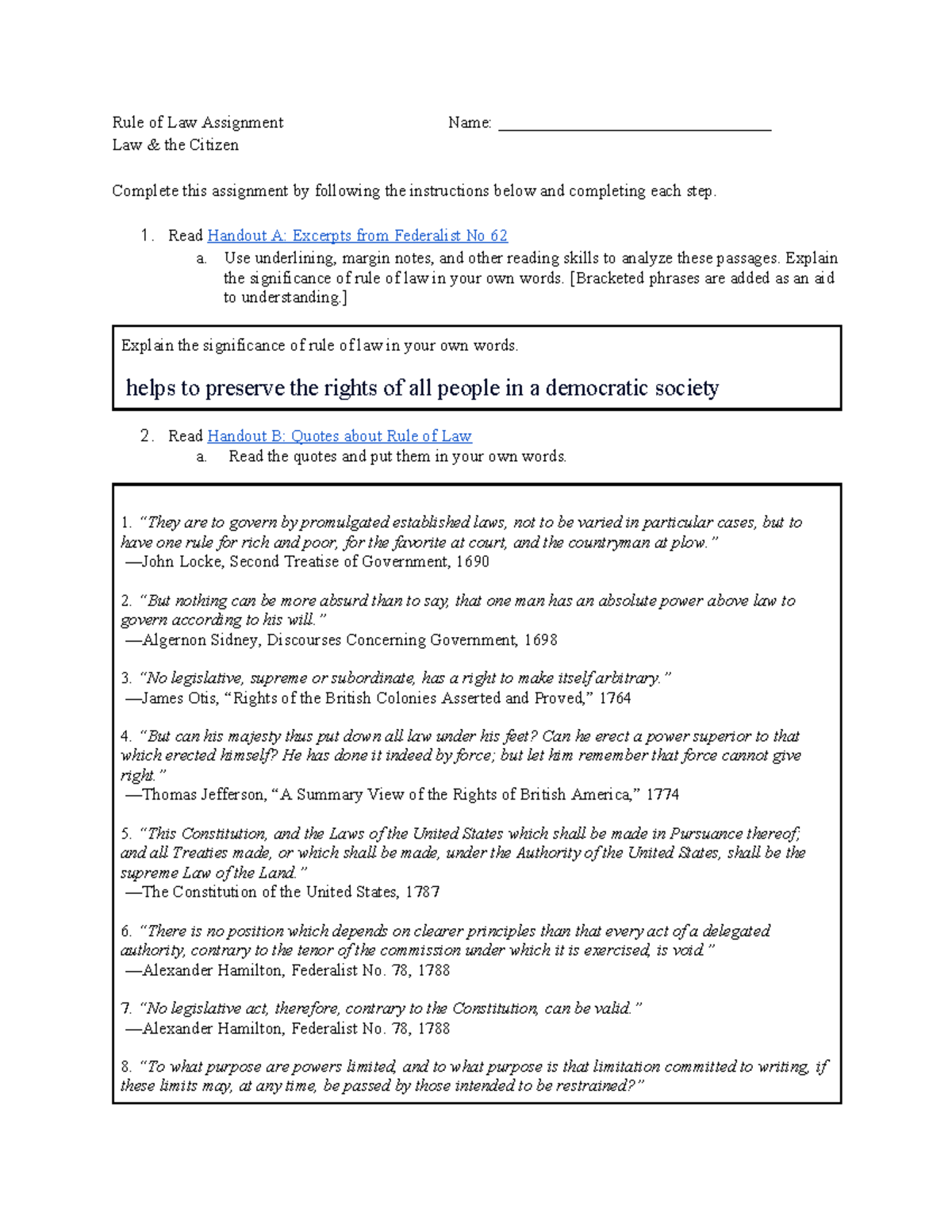 Rule of Law Assignment (LAW 101): Analyzing Federalist No. 62 and Key ...