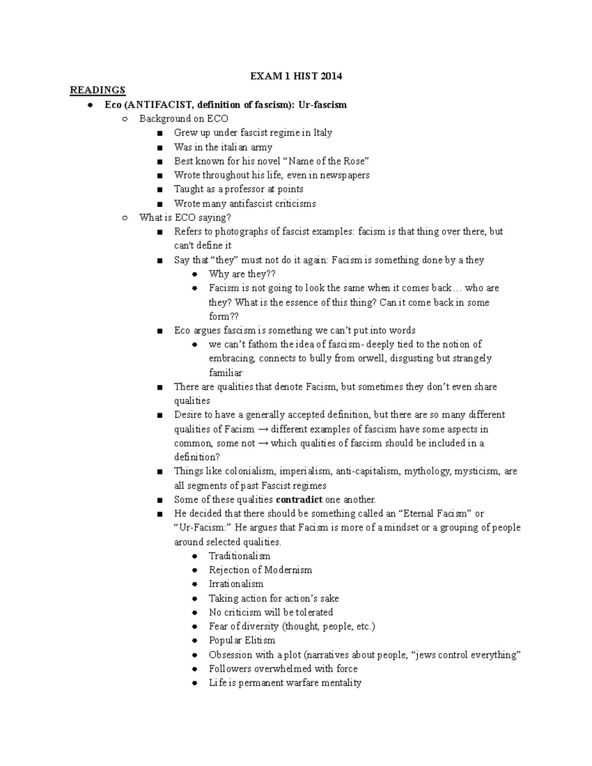 Exam 1 Study Guide for HIST 2014: Understanding Fascism and Its Critics ...