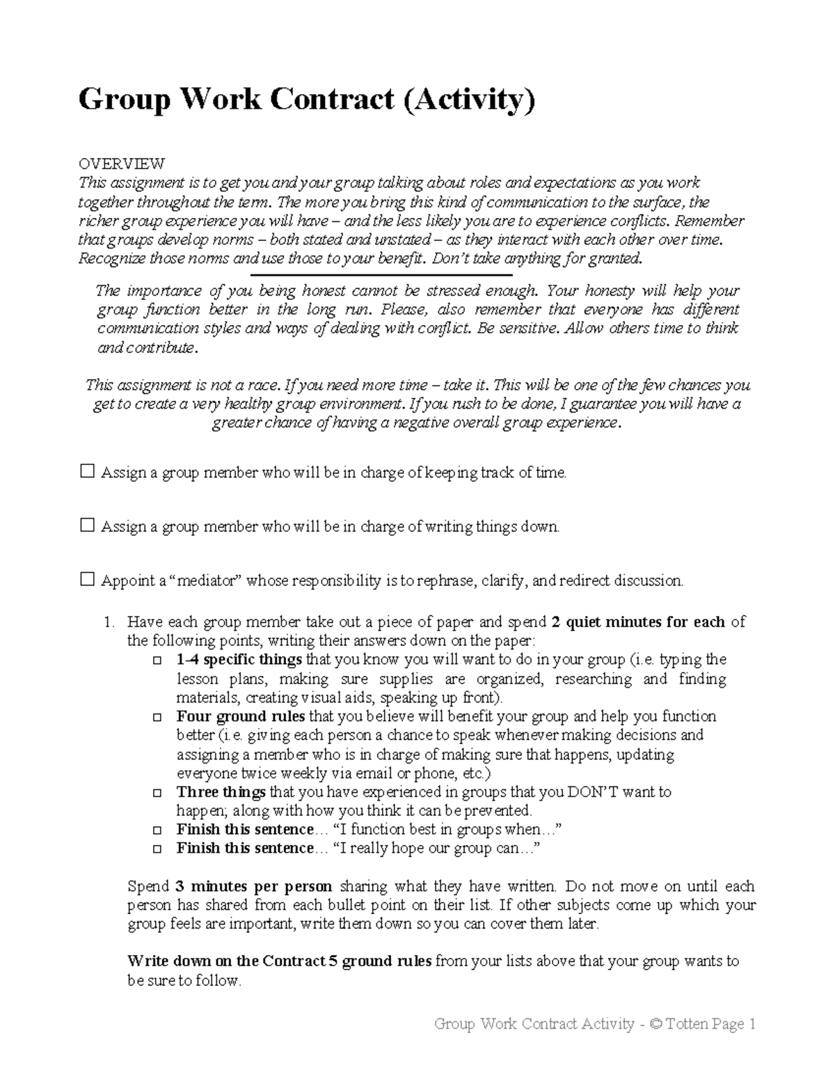 Group agreement - Group Work Contract (Activity) OVERVIEW This ...