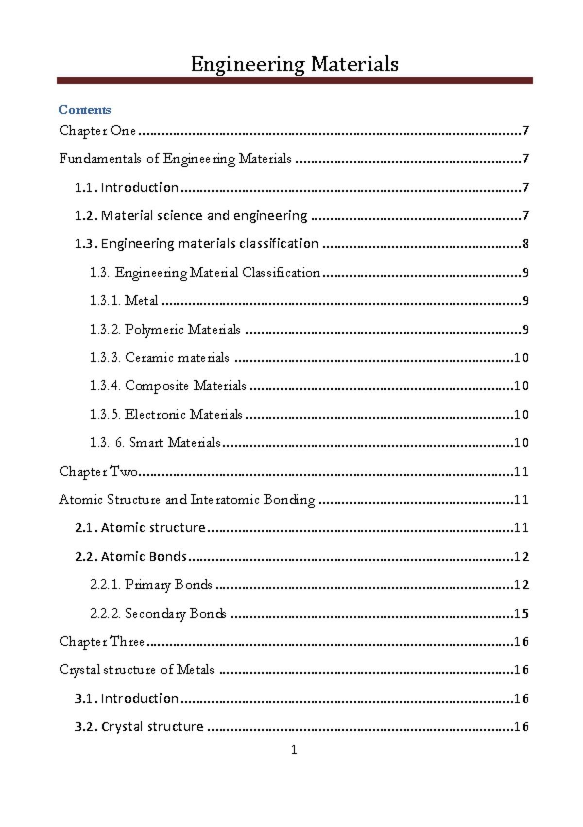 Engineering- Materials - Contents Chapter One Fundamentals of ...