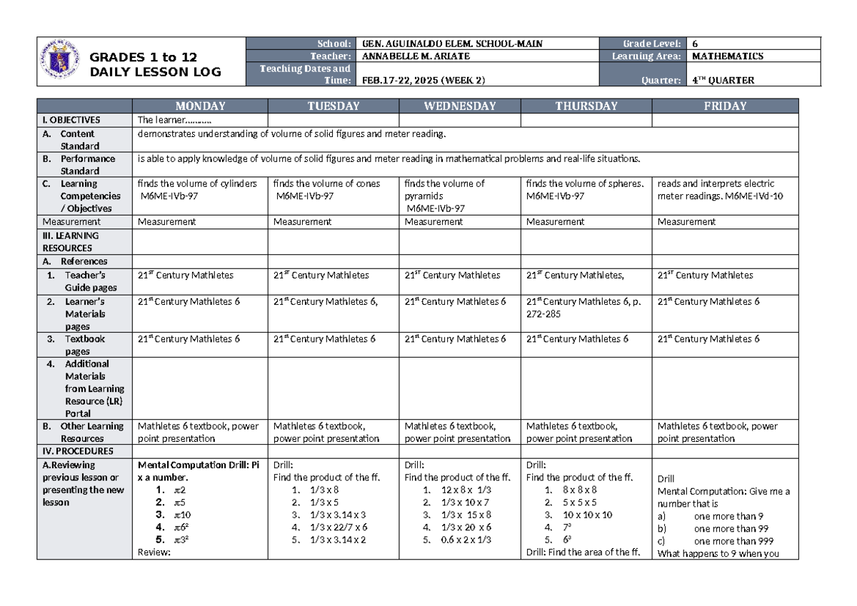 DLL Mathematics 6 Q4 W2 - Daily Lesson Log on Volume & Meter Reading ...
