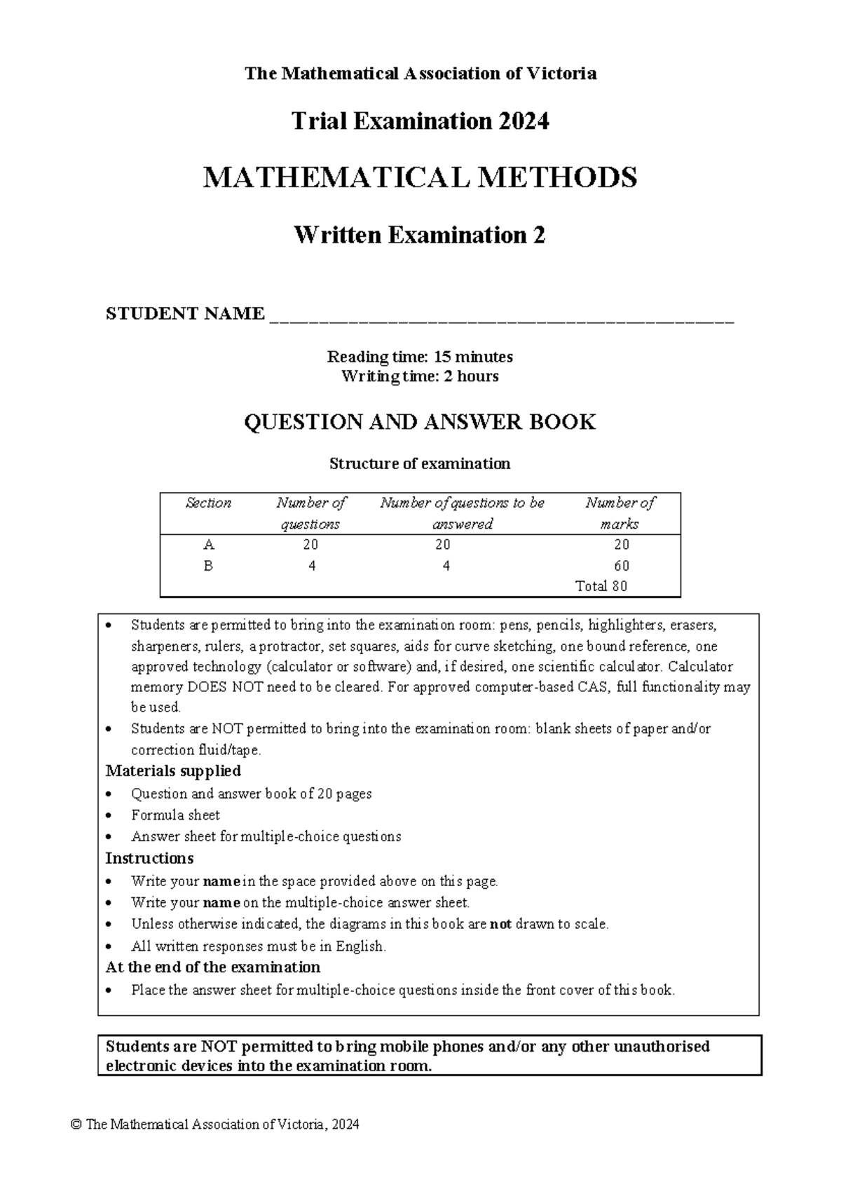 MAV2024 Mathematical Methods Trial Exam 2 Guide - Studocu