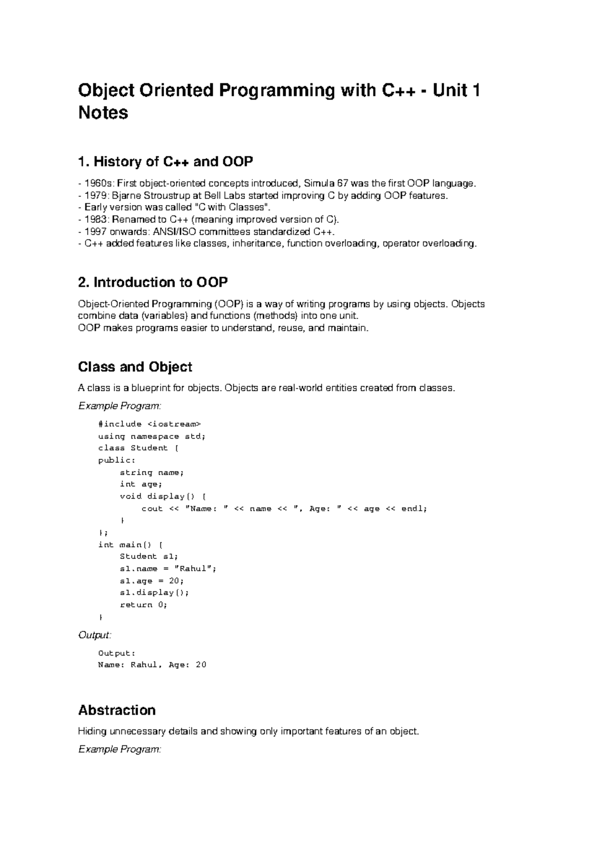 C++ OOP Unit 1 Notes: History, Concepts, and Examples - Studocu