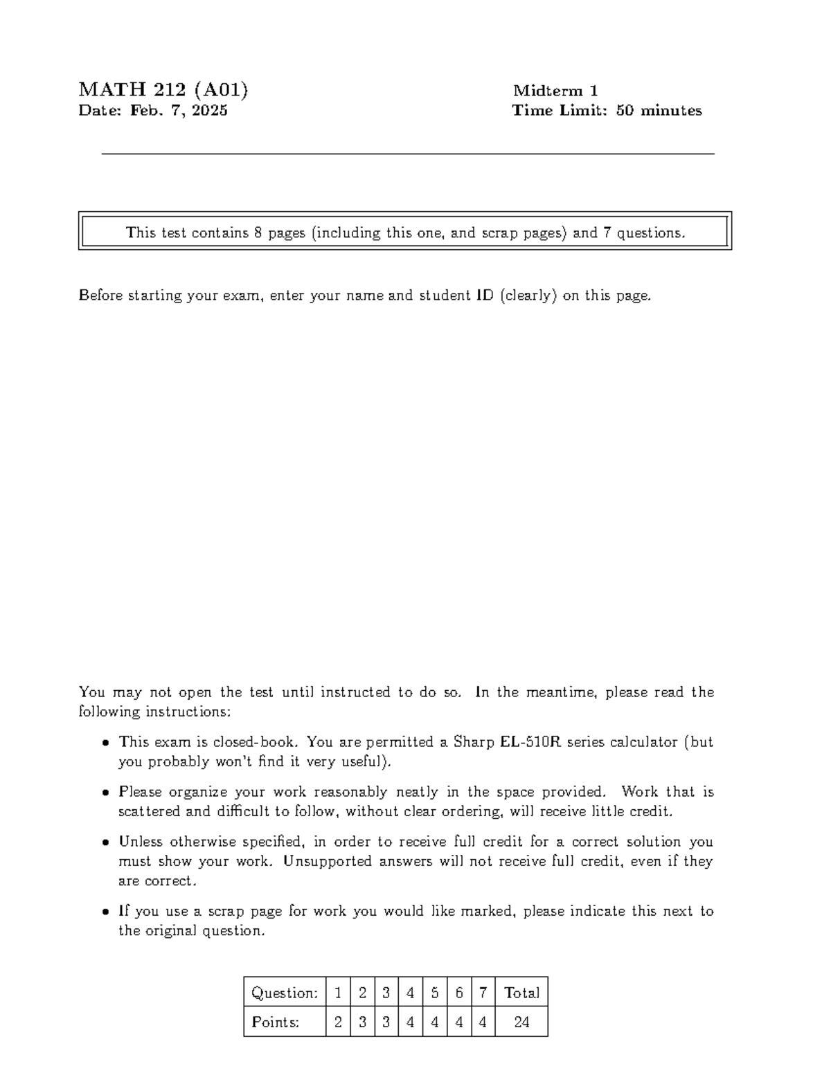 MATH 212 (A01) Midterm 1 Practice Exam - Feb 7, 2025 - Studocu