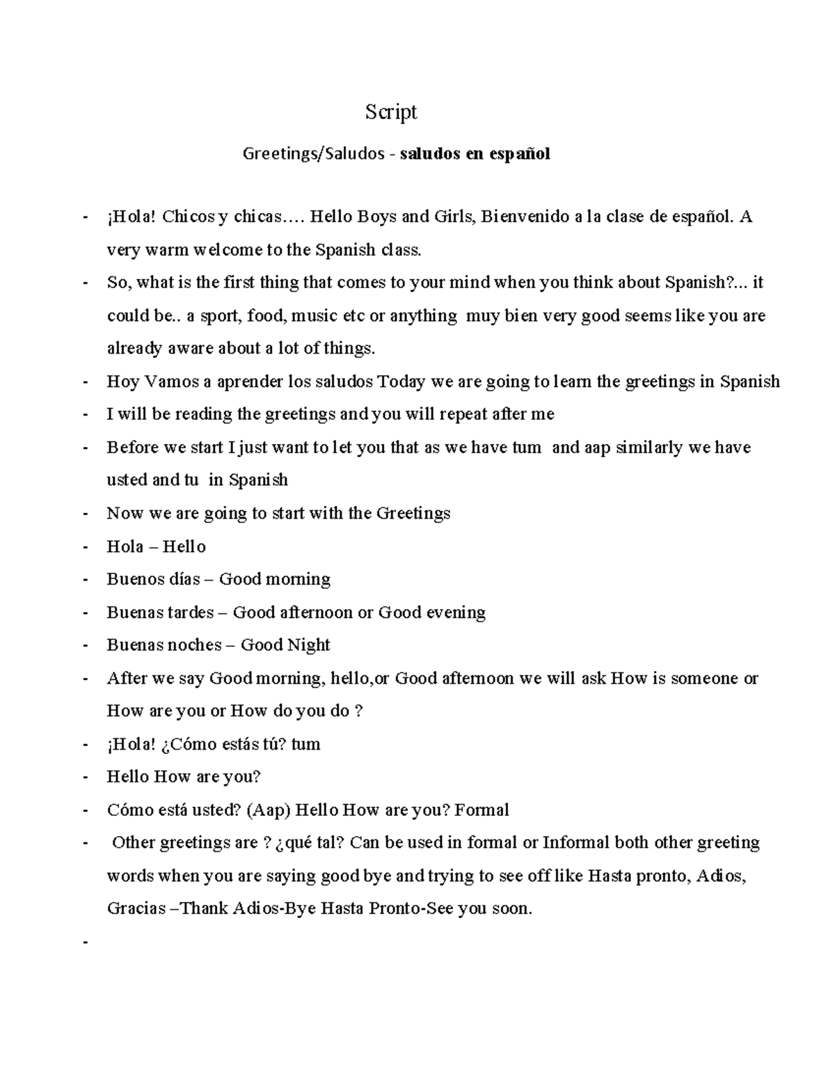 W1-L1 Script: Greetings and Saludos en Español - Studocu