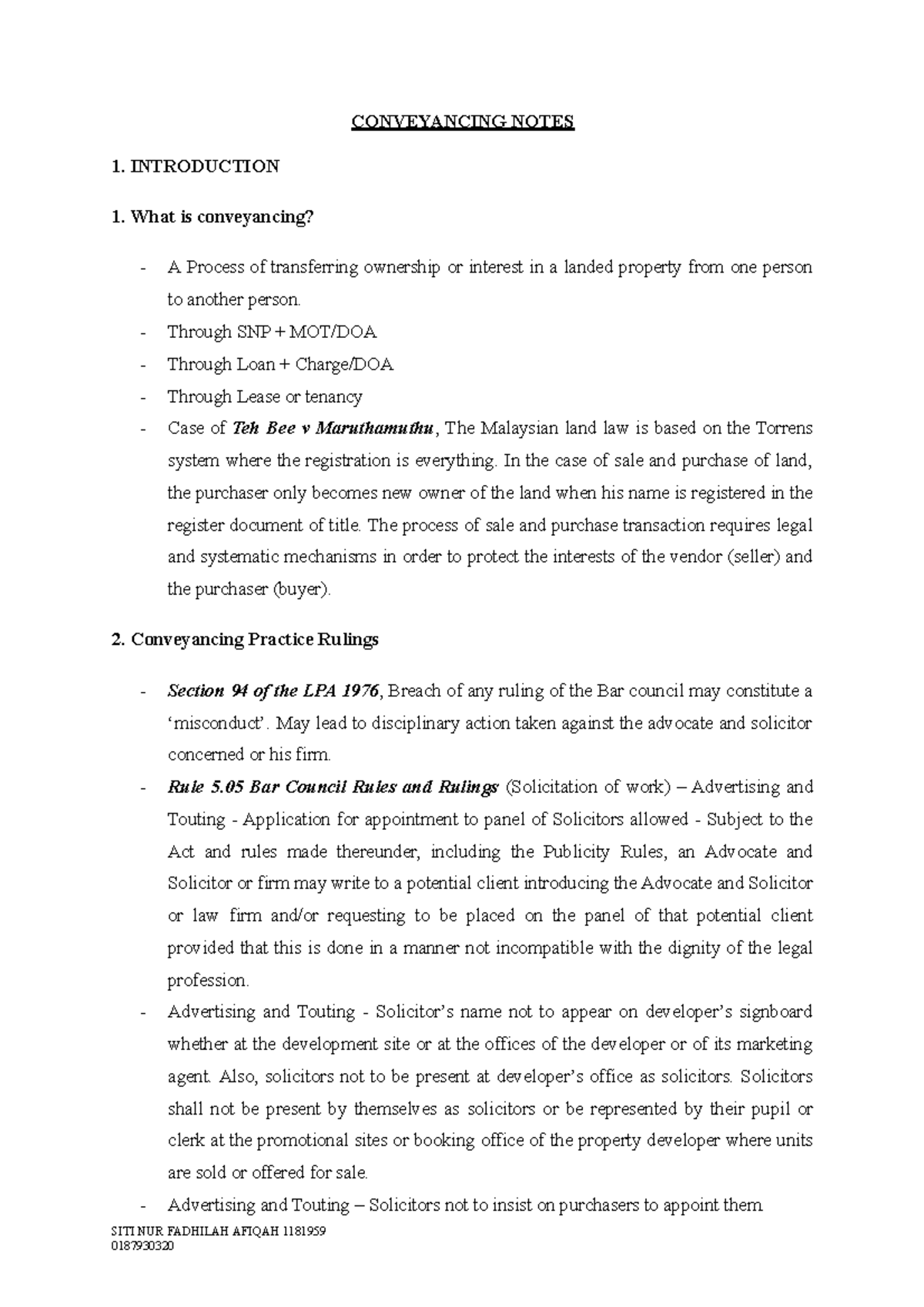 Conveyancing Notes for Legal Practice (Course Code: CLT101) - Studocu