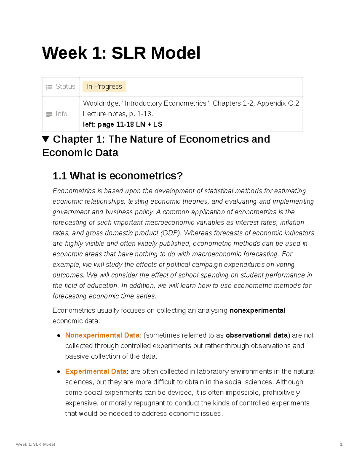 Week 1 Lecture Notes on SLR Model - Econometrics (ECO 101) - Studocu