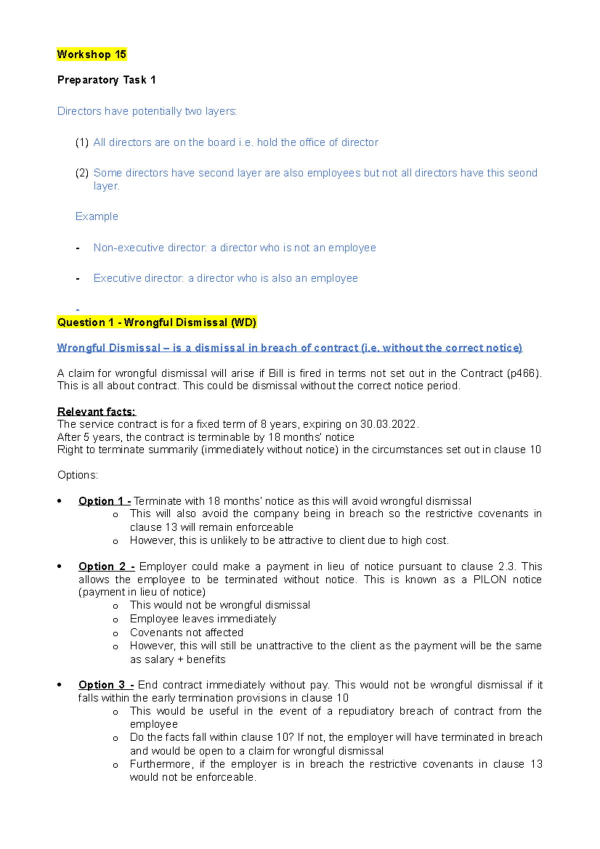 Workshop 15 Business Prep & Task on Wrongful/Unfair Dismissal - Studocu