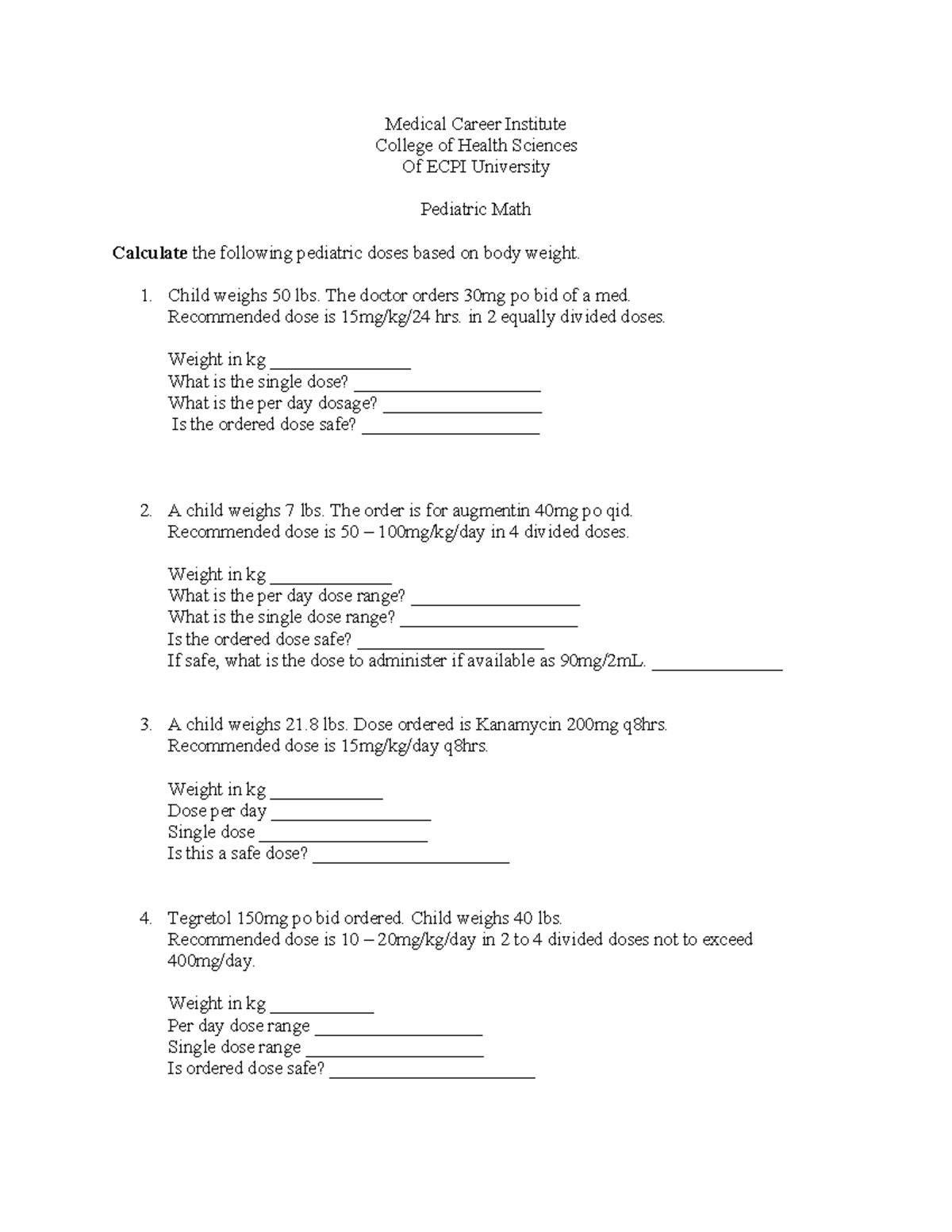 Pediatric Math Dosing Practice Questions - Day 2 (MATH 101) - Studocu
