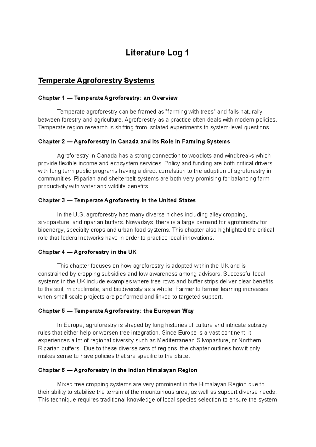 Lit Log 1 - Overview of Temperate Agroforestry Systems - Studocu