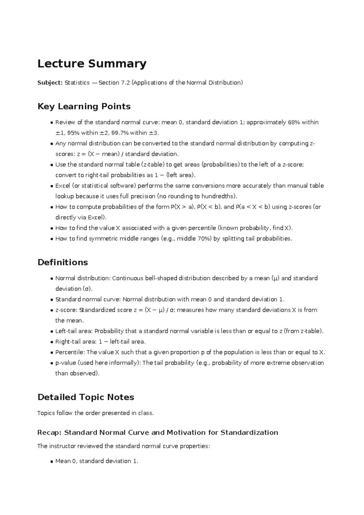 Lecture Summary: Statistics Section 7.2 - Normal Distribution ...