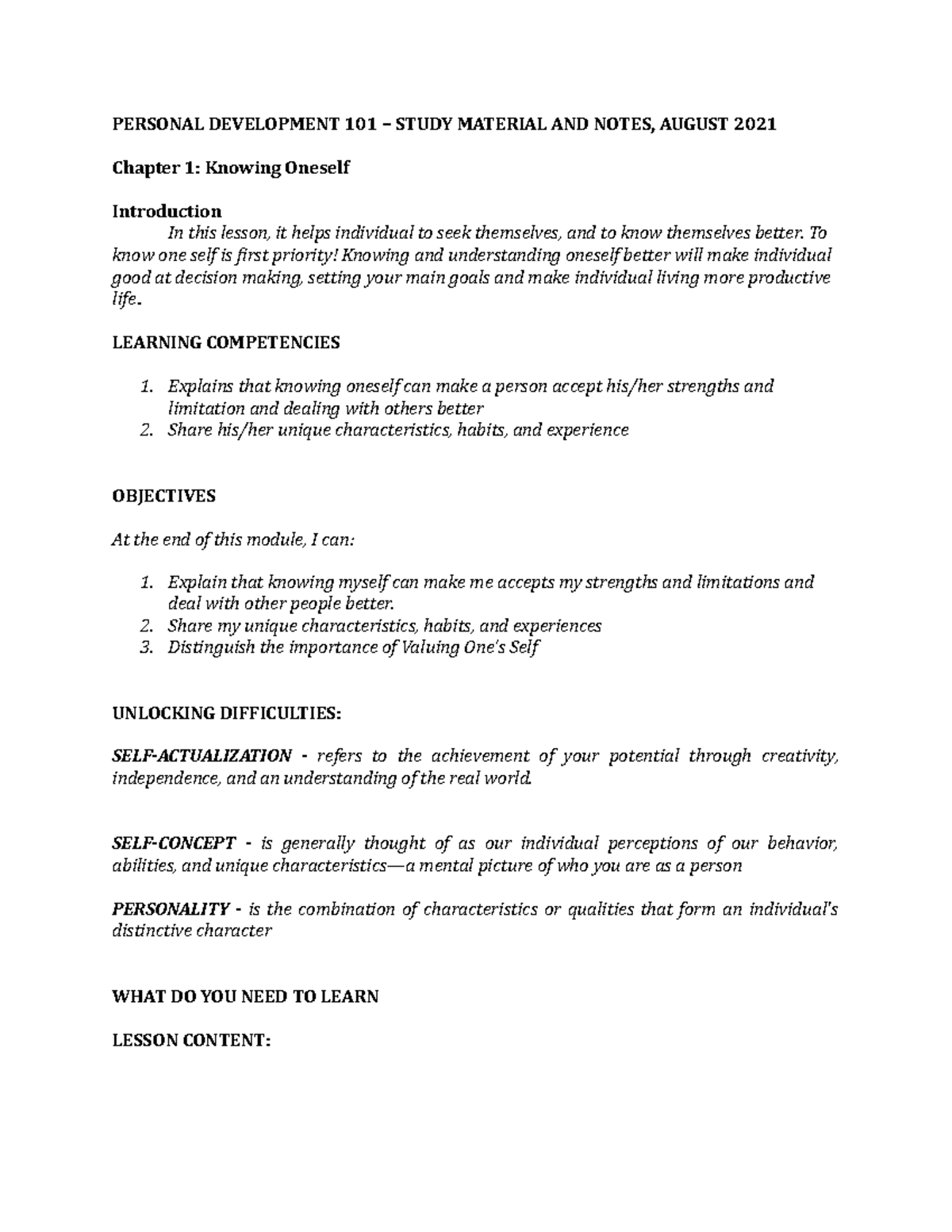 Personal Development 101: Chapter 1 - Knowing Oneself Overview - Studocu