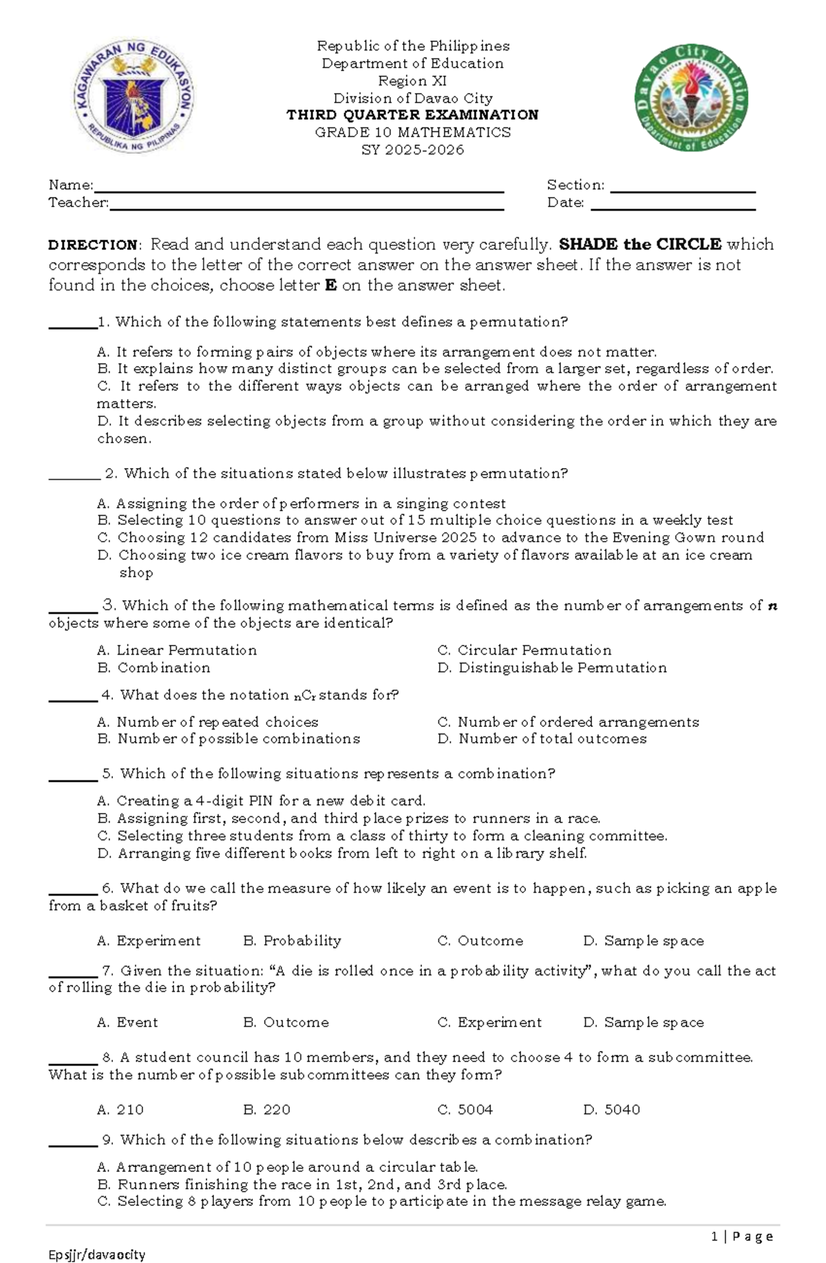 Q3 Exam Questionnaire for Mathematics 10 (Grade 10) - Studocu