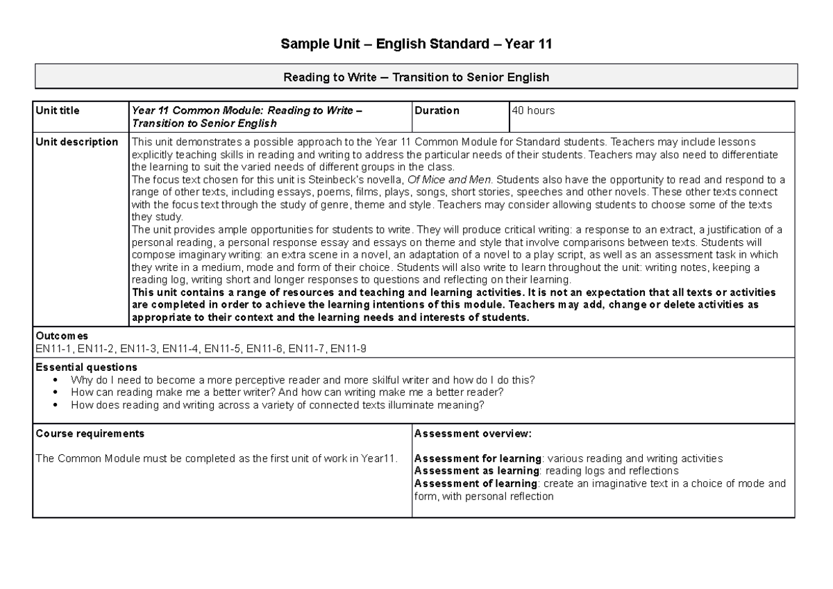 Year 11 English Standard: Reading to Write Unit Support Material - Studocu