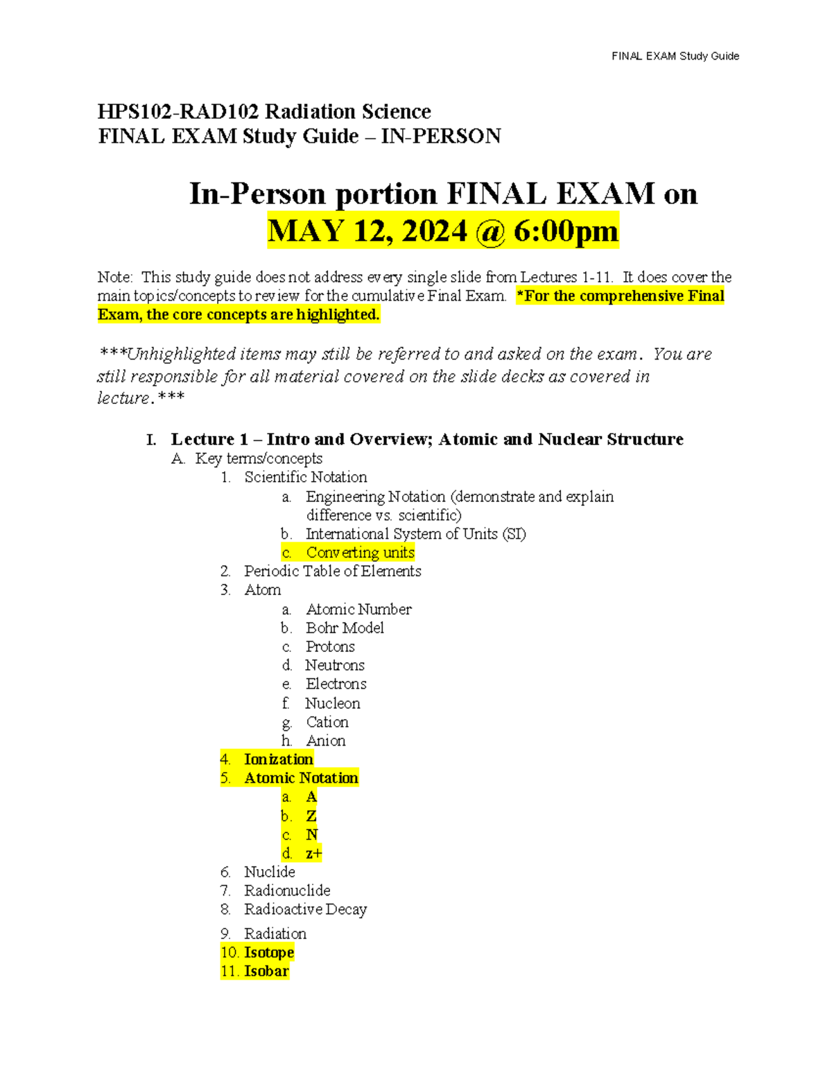 FINAL EXAM Study Guide for HPS102-RAD102: Key Concepts in Radiation ...