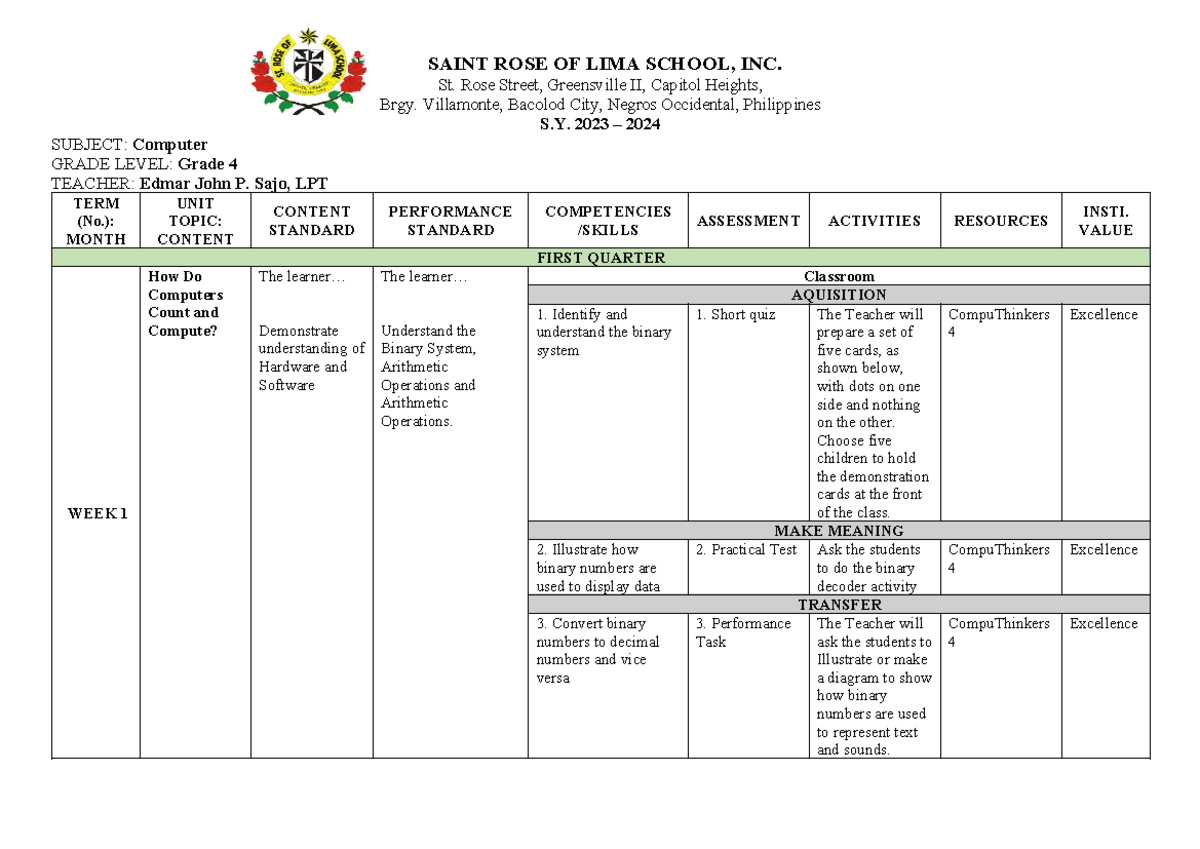 Computer 4 - Curriculum Map - SAINT ROSE OF LIMA SCHOOL, INC. St. Rose ...