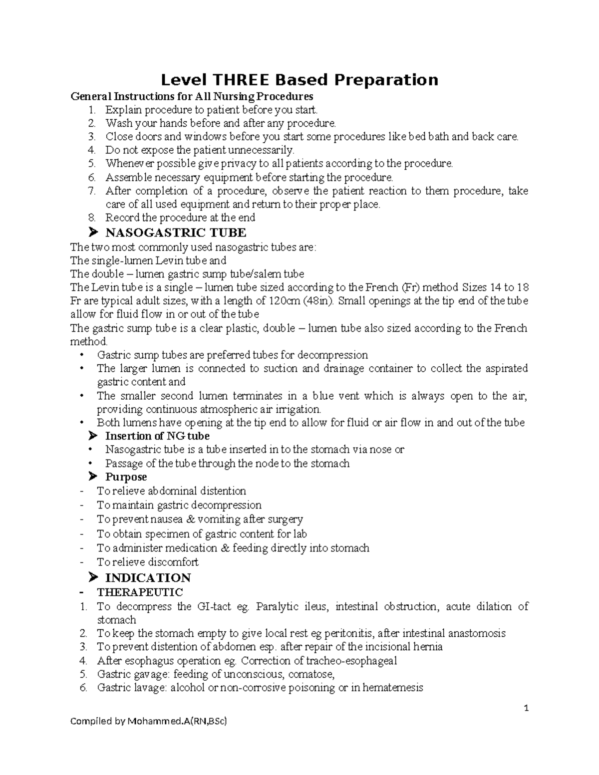 Level III Nursing Procedures: NG Tube & Antenatal Care Preparation - Document Preview