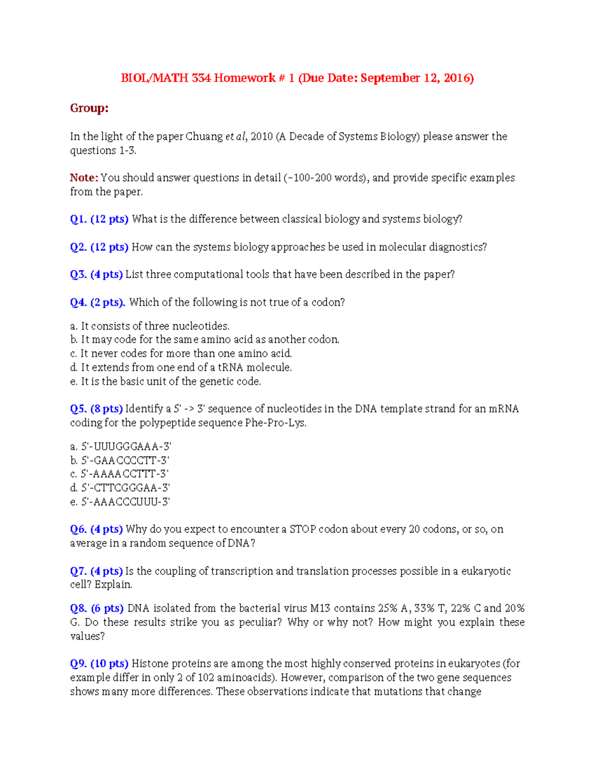 Systems Biology BIOL/MATH 334 Fall 2016 Homework #1 Analysis - Studocu