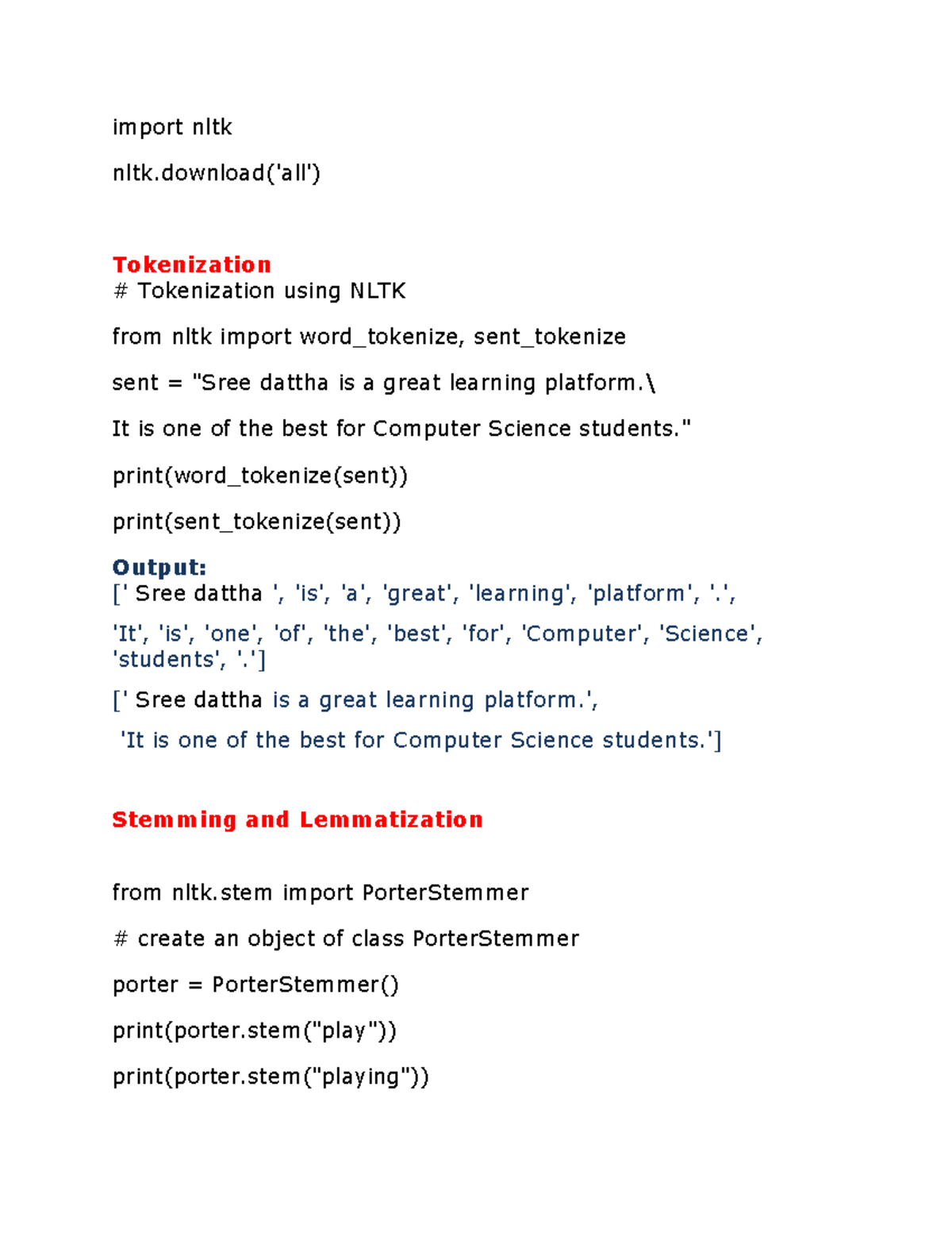 NLP Unit -1 pyhton programs - import nltk nltk('all') Tokenization ...