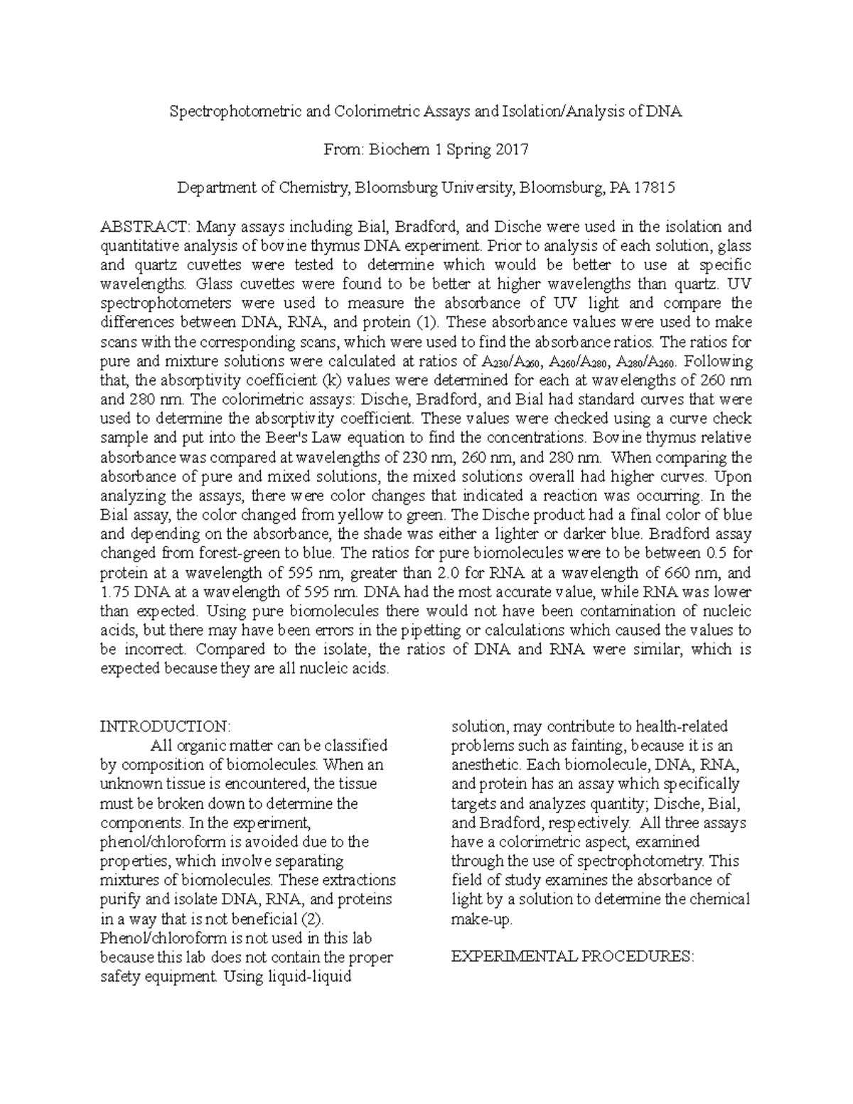 Biochem report done - Spectrophotometric and Colorimetric Assays and ...