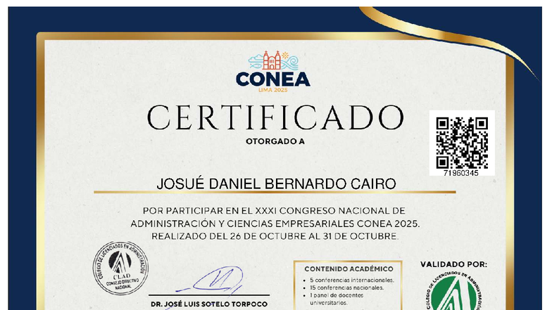 Certificado CONEA 2025: Participación de Josué Daniel Bernardo Cairo ...