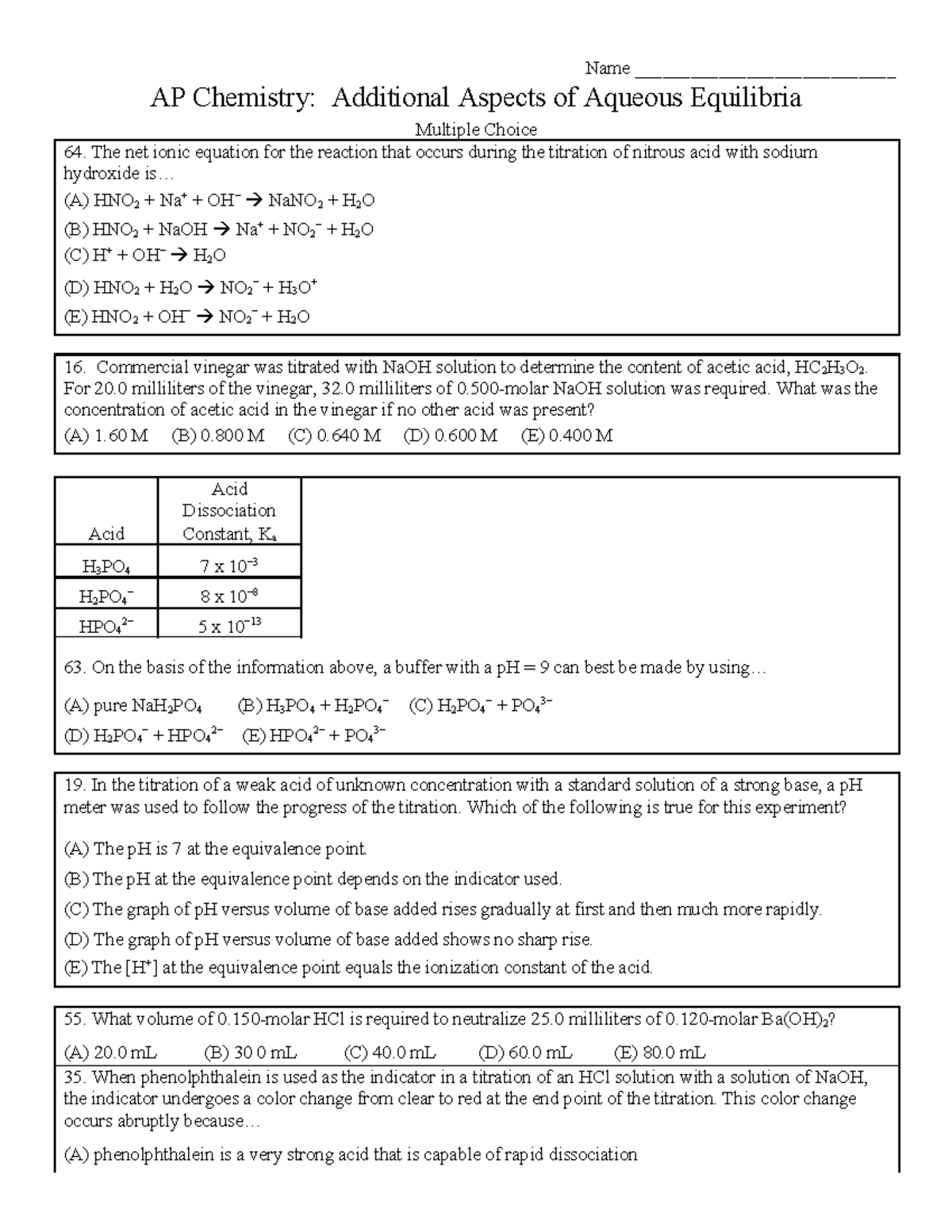AP Chemistry: Aqueous Equilibria MC Questions and Solutions - Studocu