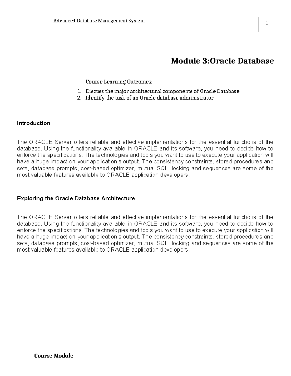Advanced Database Management System 1: Oracle Database Module W3 - Studocu