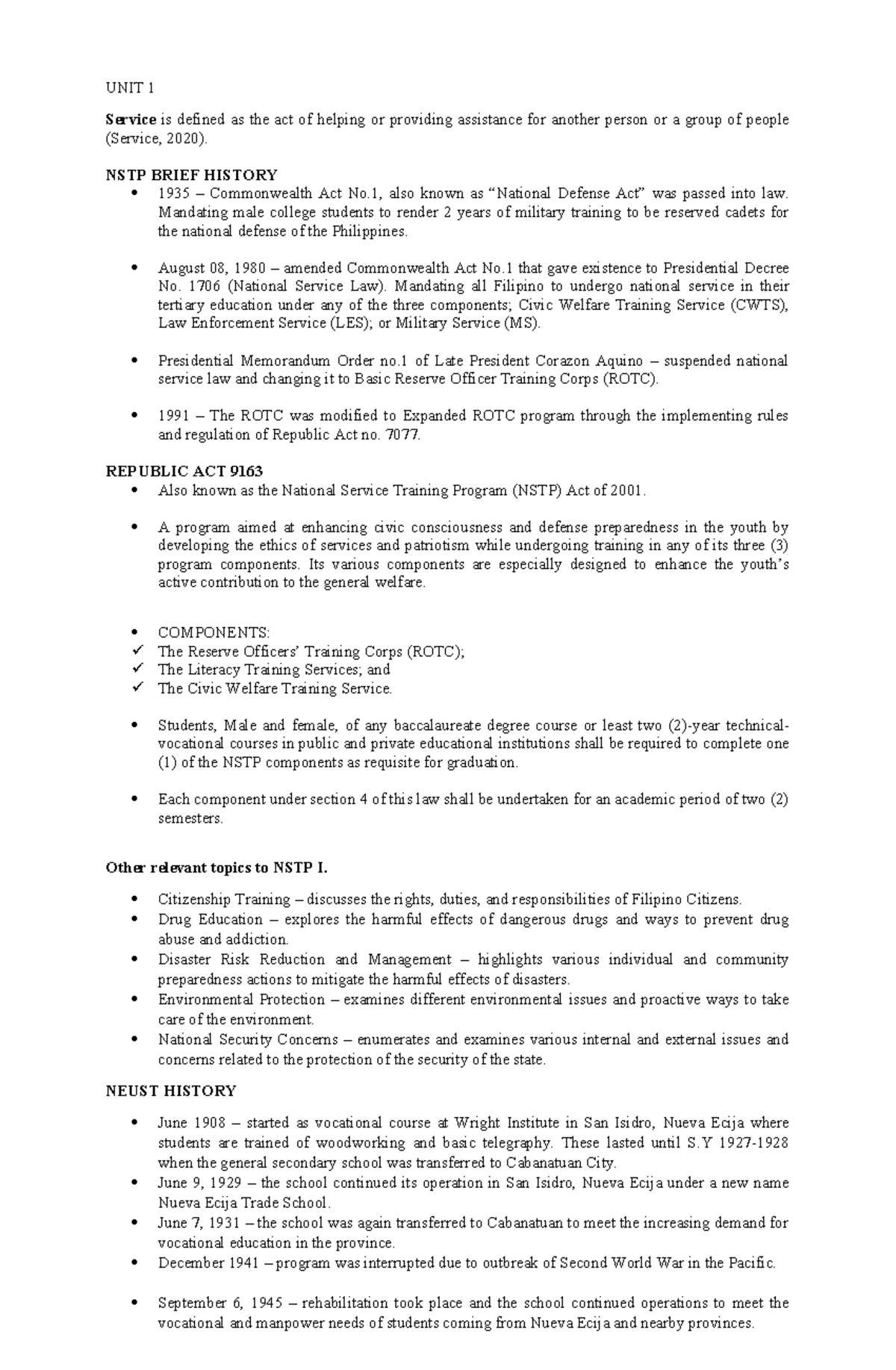 NSTP-101: Origin and History of NSTP and NEUST - UNIT 1 Overview - Studocu