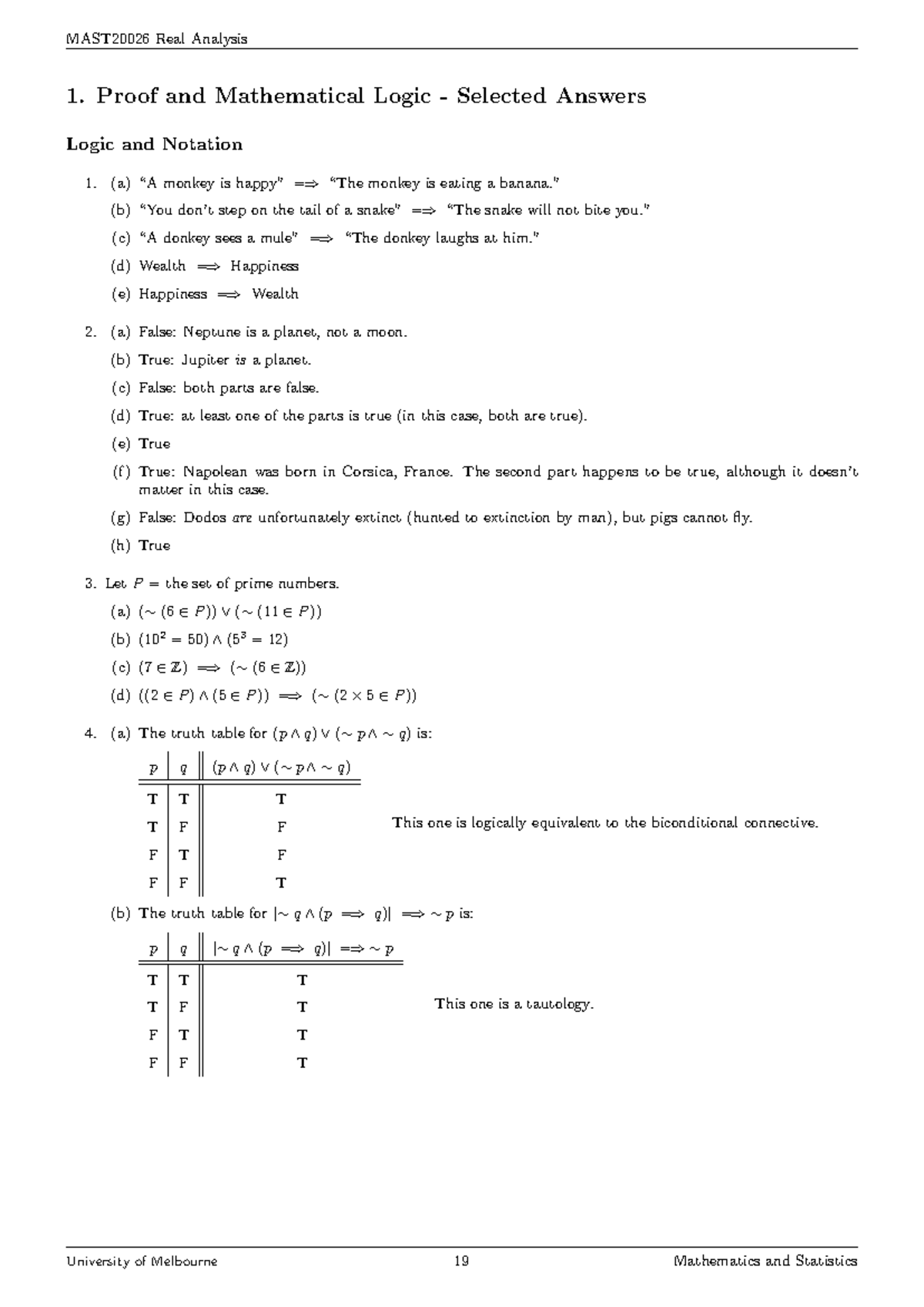 MAST20026 Real Analysis 1: Selected Answers on Proofs and Logic - Studocu