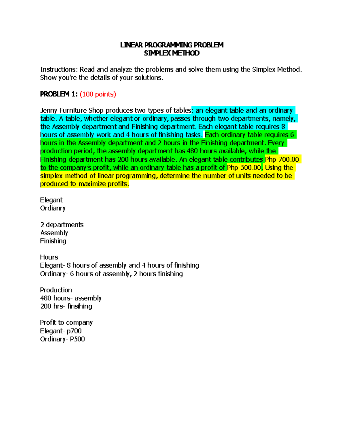 LPP Simplex Method: Solving Production Optimization Problems - Studocu