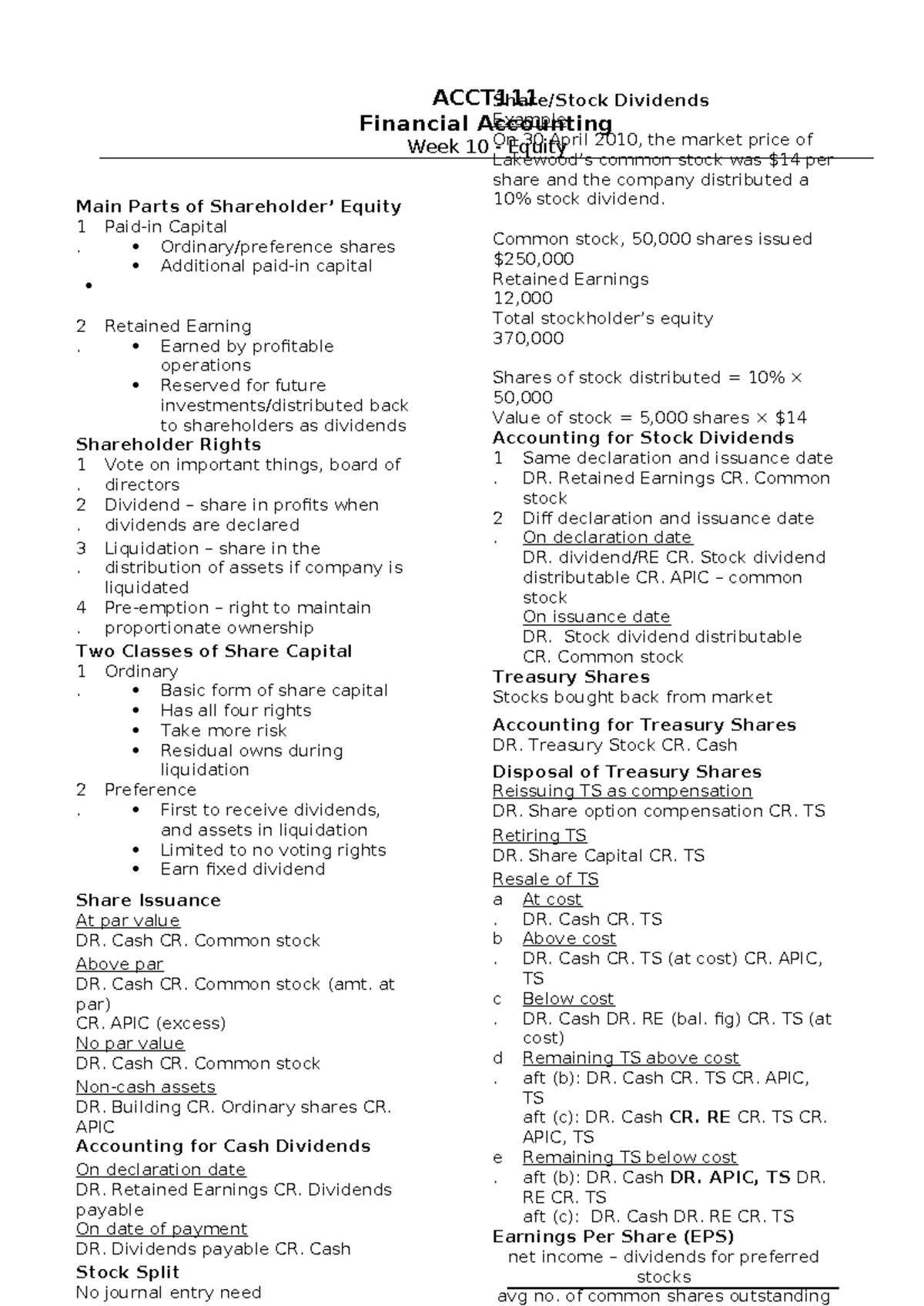 ACCT 101 - Week 10 Lecture Notes: Equity and Shareholder's Capital ...