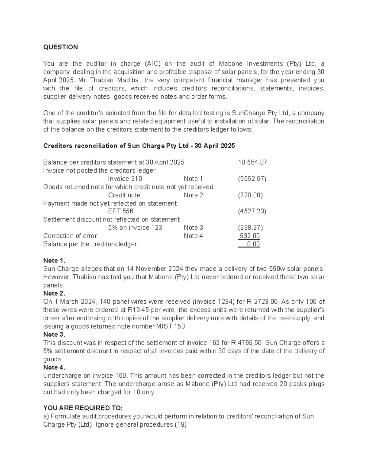 Practical Class Question: Audit Reconciliation of SunCharge Pty Ltd ...
