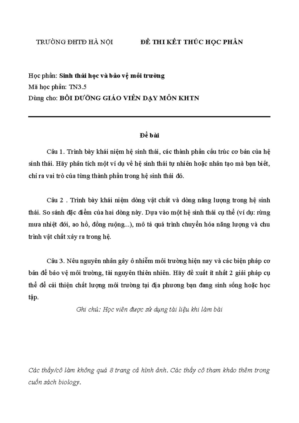 Đề thi Kết thúc học phần TN3.5: Sinh thái học và Bảo vệ môi trường - Studocu