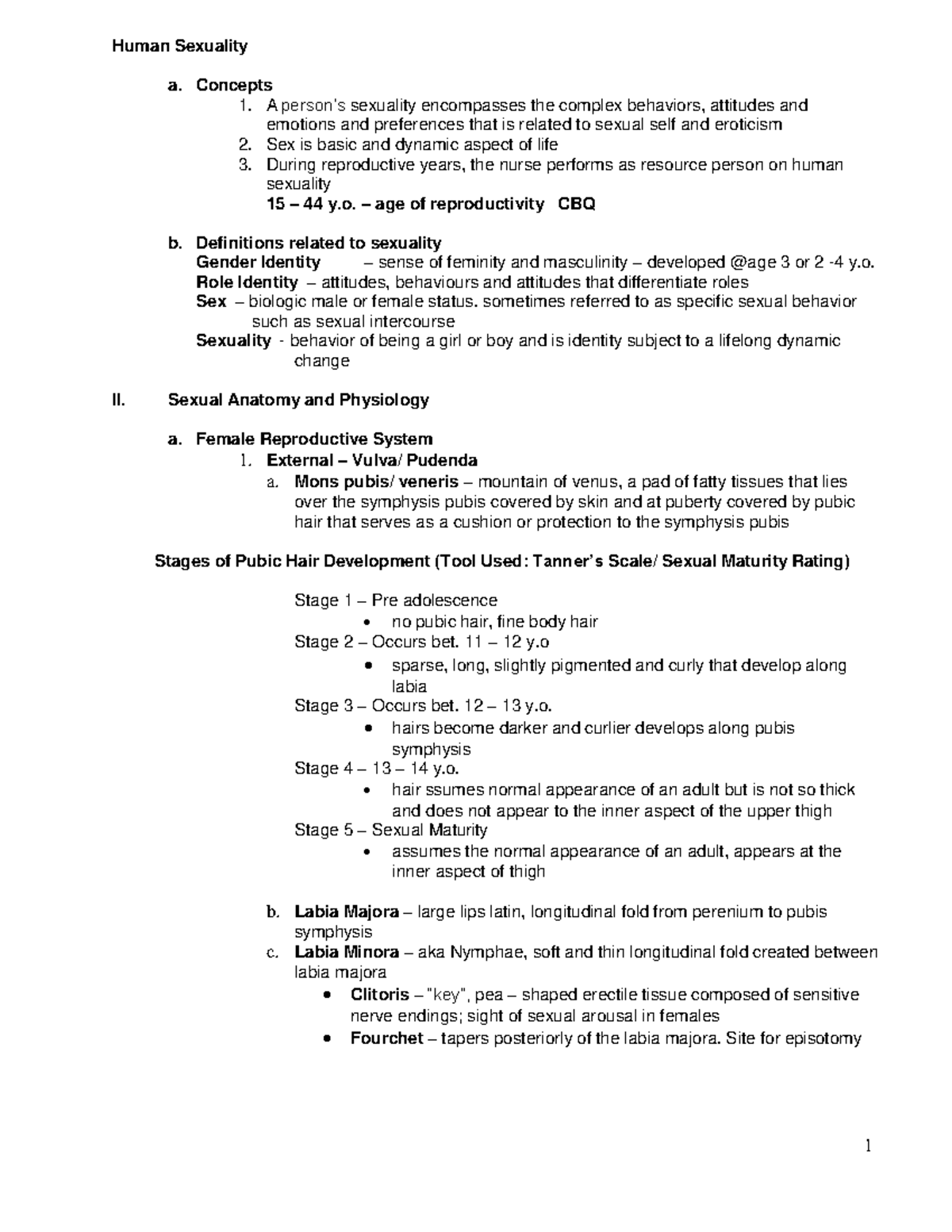 Lecture Summary Notes - ....... - Human Sexuality a. Concepts 1. A ...