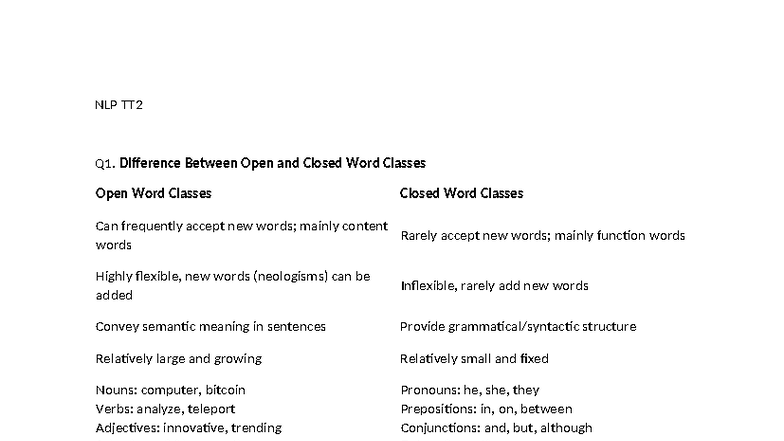 NLP TT2 Answers: Key Concepts in Word Classes and POS Tagging - Studocu