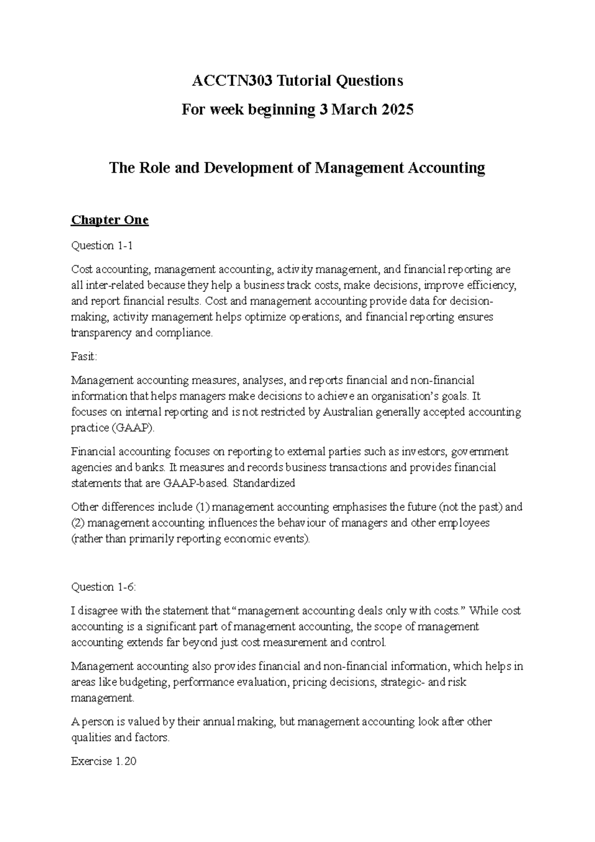 ACCTN303 Tutorial Questions for Week 2 - Management Accounting Insights ...