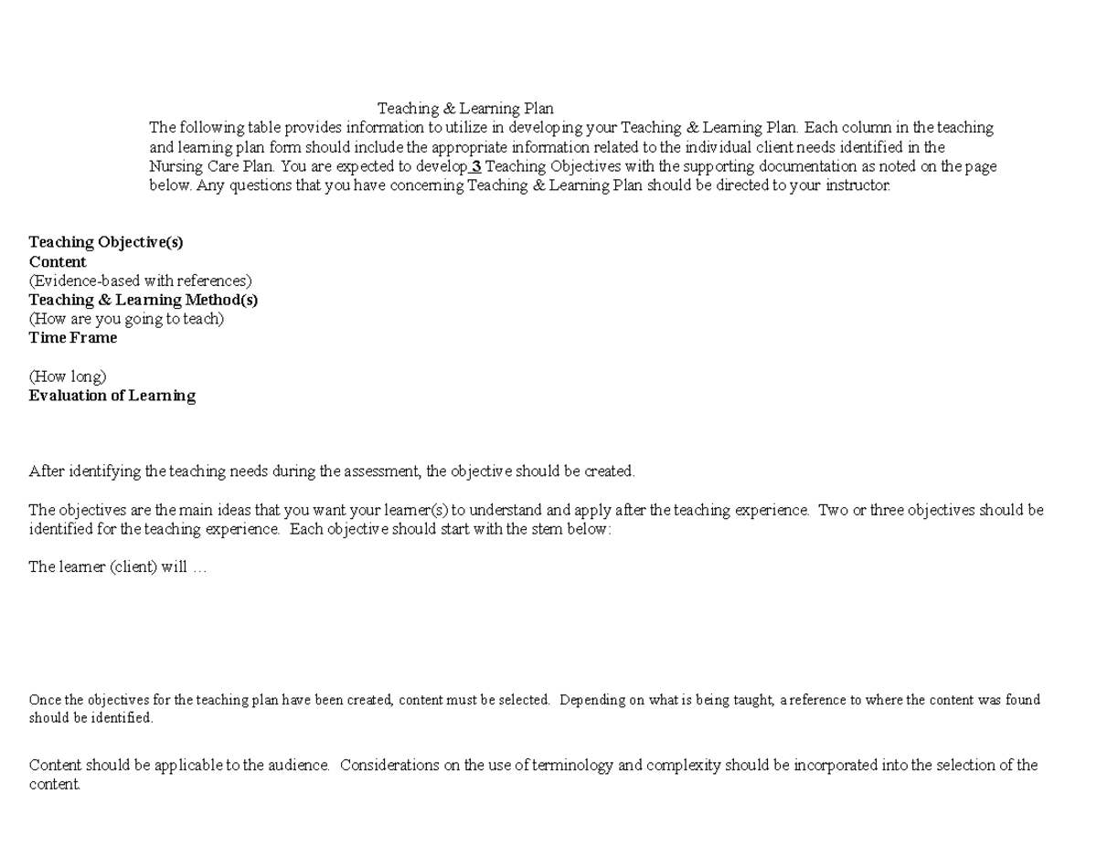 Teaching Plan updated 03232022 - Teaching & Learning Plan The following ...