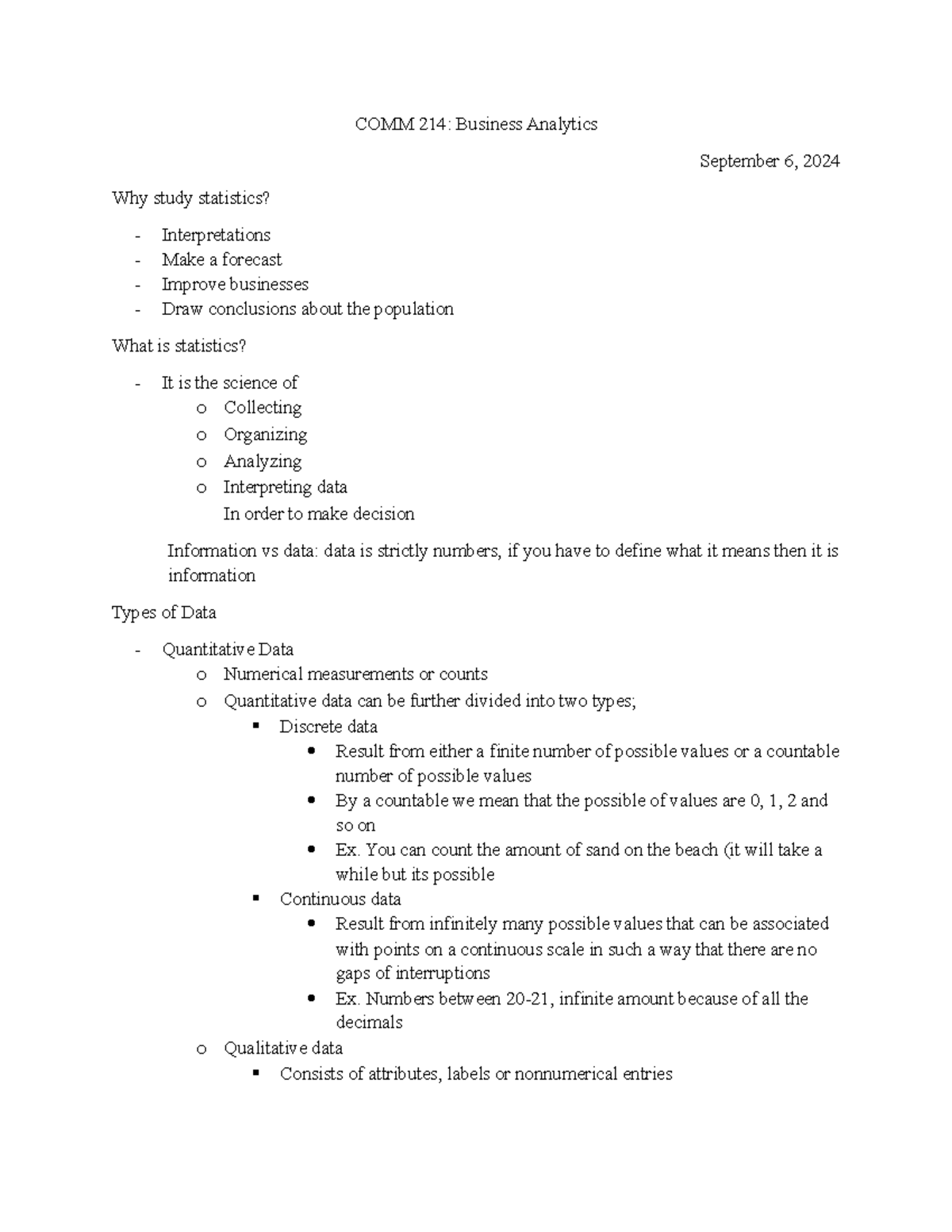COMM 214: Business Analytics - Chapter 1 Overview of Statistics - Studocu