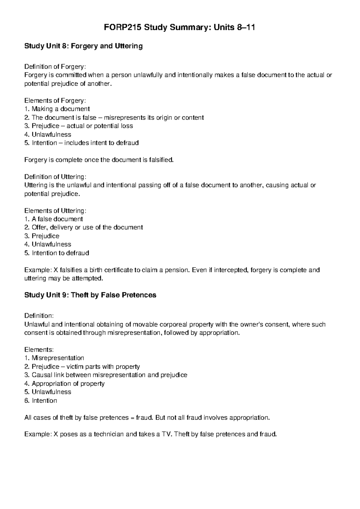 FORP215 Study Summary: Units 8-11 on Forgery, Uttering, and Theft - Studocu