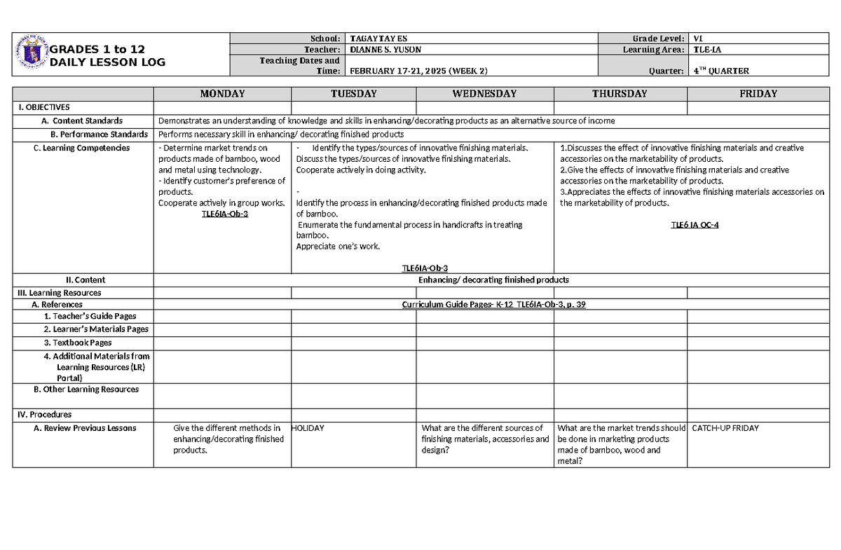 DLL TLE 6 Q4 W2 - Dll - GRADES 1 to 12 DAILY LESSON LOG School ...