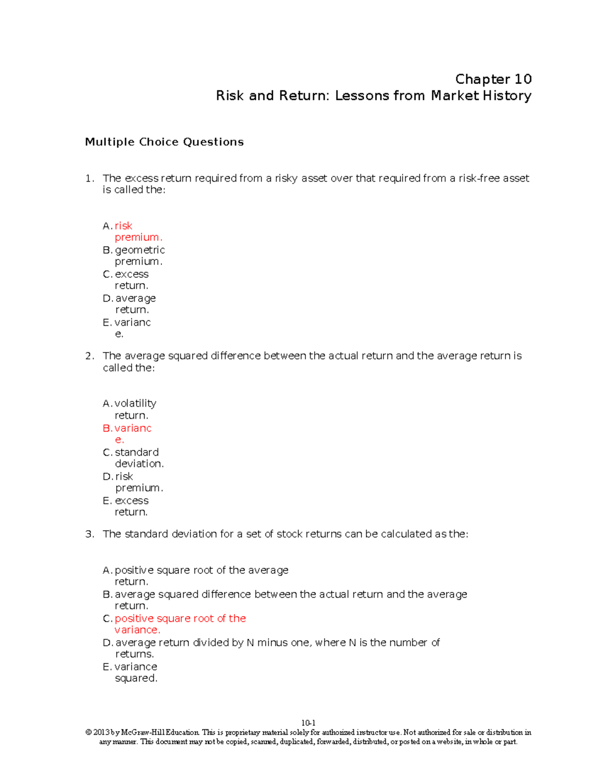 Tesk Bank Chap 010 - Risk and Return Concepts and Multiple Choice ...