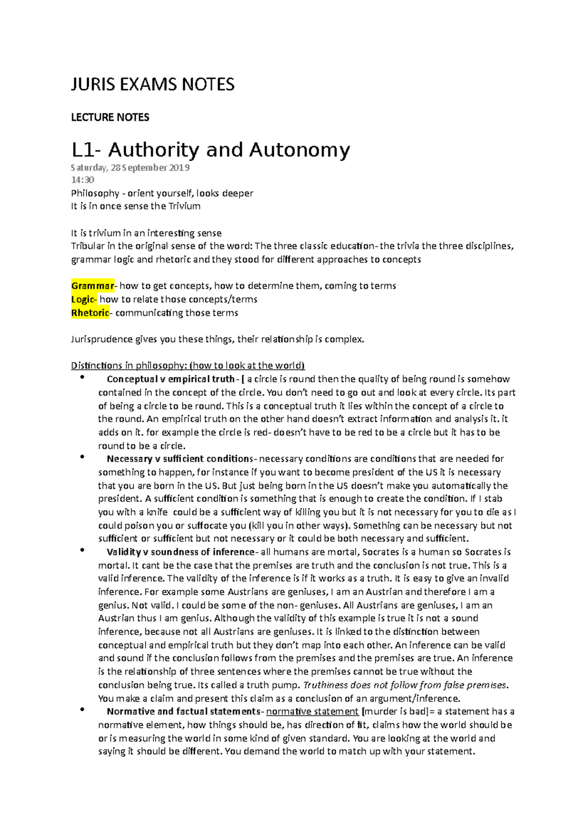 Juris 101: Final Exam Lecture Notes on Authority and Autonomy - Studocu